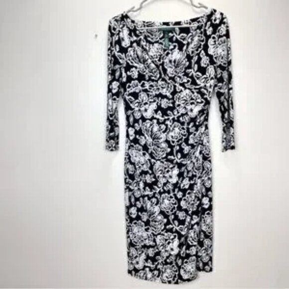 Lauren Ralph Lauren Black and White Floral Dress with 3/4 Sleeve- Size 2 - Picture 4 of 8